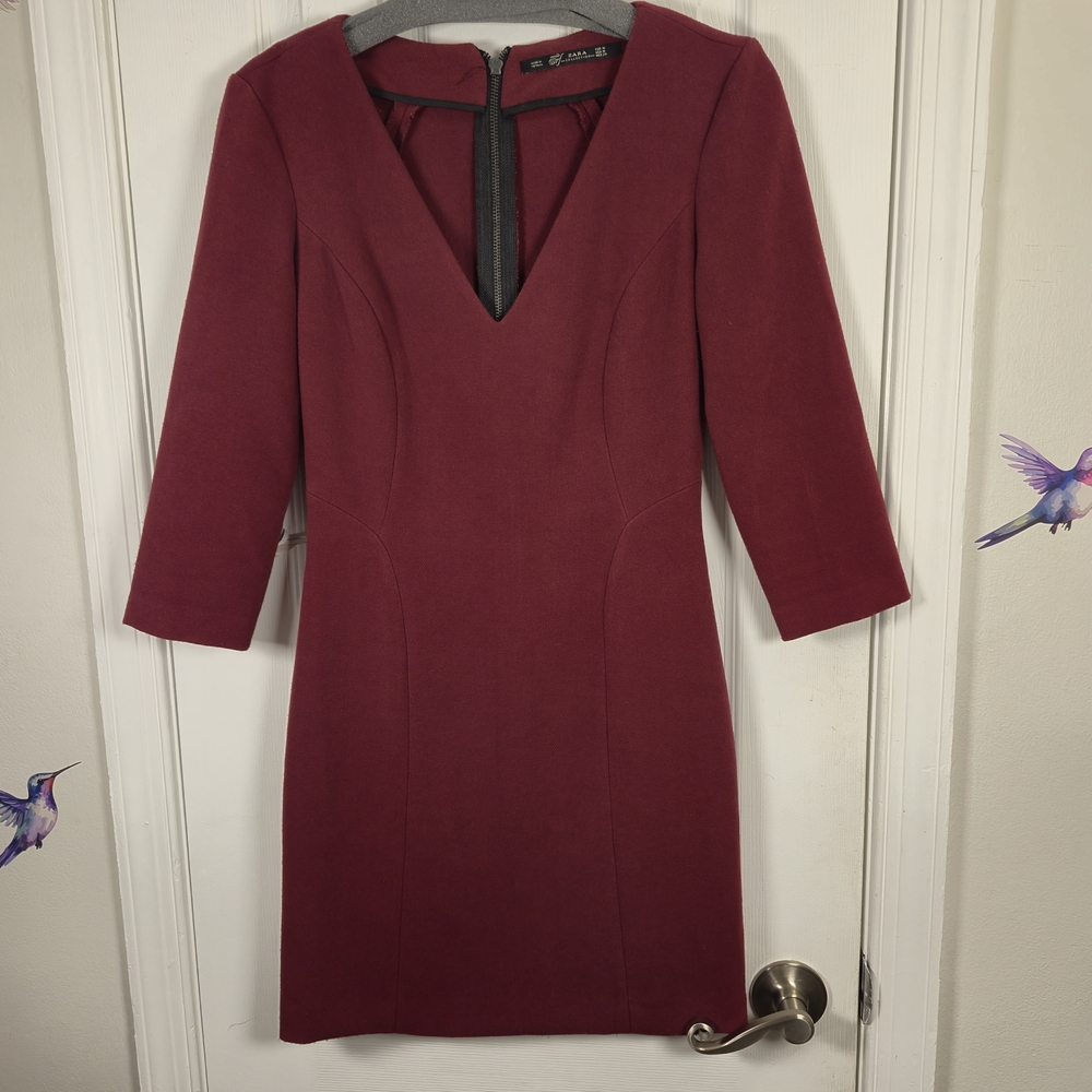 ZARA TRF Burgundy Sheath Dress V-Neck Zip Back Mini Dress Exposed Zipper M